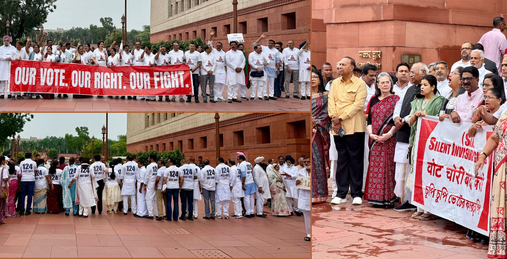Opposition MPs in White T-Shirts Stage Strong Protest… 124-Year-Old Minta Devi a First-Time Voter