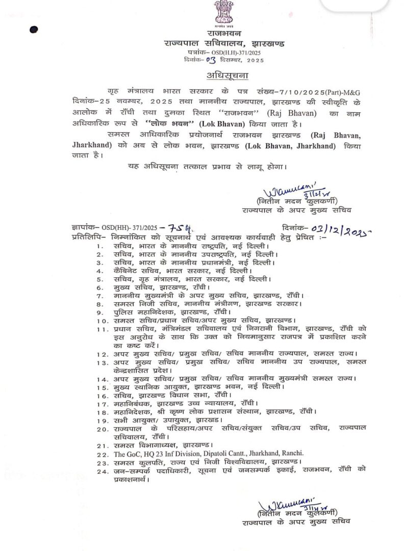 Breaking: New Notification Issued on Jharkhand Raj Bhavan Renaming Process