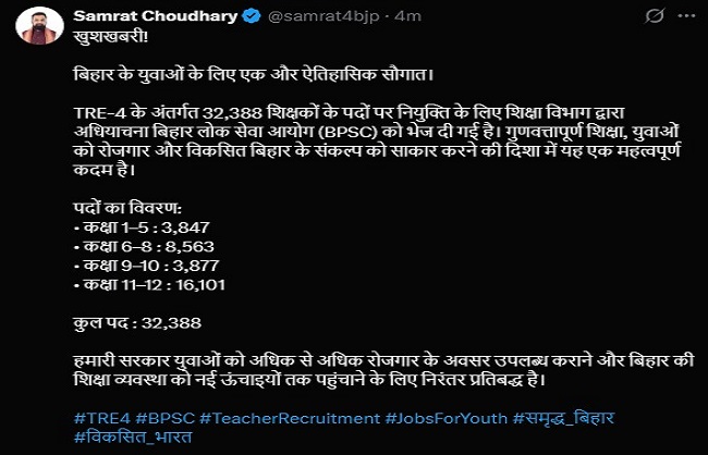 Bihar Clears TRE-4 Recruitment, Requisition Sent to BPSC for 32,388 Teacher Posts